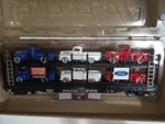 Gauge 14-3/4" Auto Carrier W/ 6 Die-cast 1951 Ford Pick-up Trucks Distressed. Fixed Price $72.99.