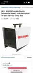 Wagon Portable Electric Salamander Heater: 6KW Watt Output, 100 F Air Temp. Fixed Price $600.00.